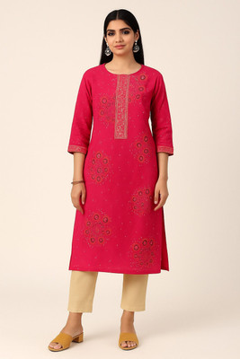 DehatiWardrobe Women Bandhani, Printed Straight Kurta(Pink)