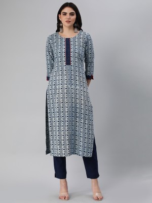 KAMI KUBI Women Geometric Print Straight Kurta(Blue)