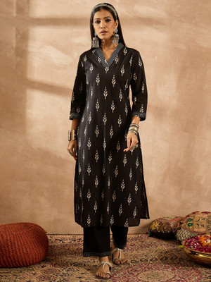 Indo Era Women Self Design Straight Kurta(Black)