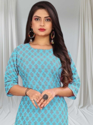 SUMITA SAREE Women Printed Straight Kurta(Blue)