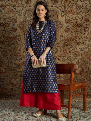 Shae by SASSAFRAS Women Printed Straight Kurta(Dark Blue)