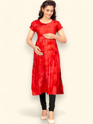 RITITJYA Women Washed Straight Kurta(Red, Orange)