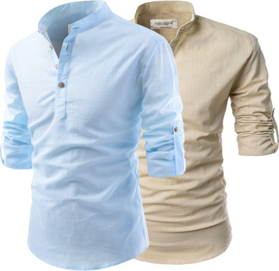 UNIFAV Men Solid Straight Kurta(Beige, Blue)