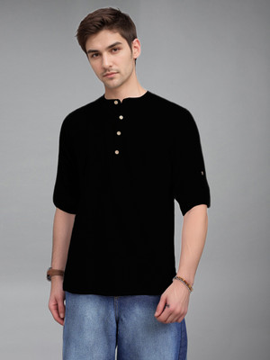 Yugnik Men Self Design A-line Kurta(Black)