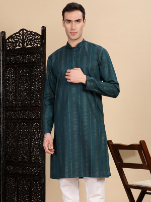House of Pataudi Men Striped, Printed Straight Kurta(Dark Blue)