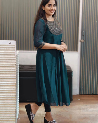 Wild Woven Women Embroidered, Solid Flared Kurta(Dark Blue)