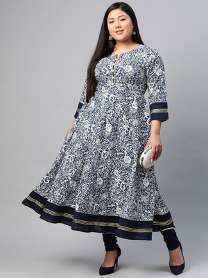 AKIKO Women Floral Print Anarkali Kurta(Blue)