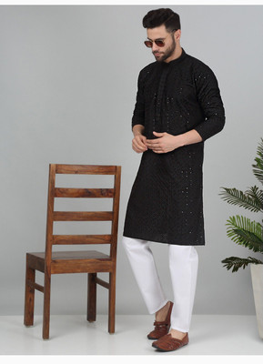 Anaya Azrin Men Embroidered, Embellished, Self Design Straight Kurta(Black)