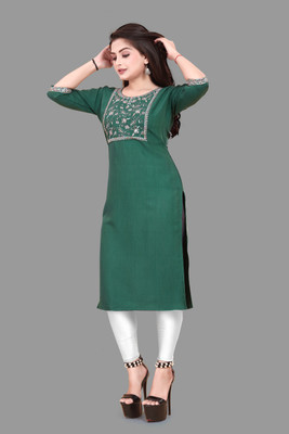 KNG TEXTILE Women Embroidered, Solid A-line Kurta(Green)