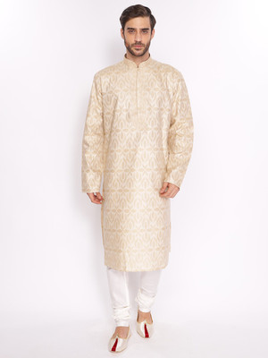 Zois Men Self Design A-line Kurta(Beige)
