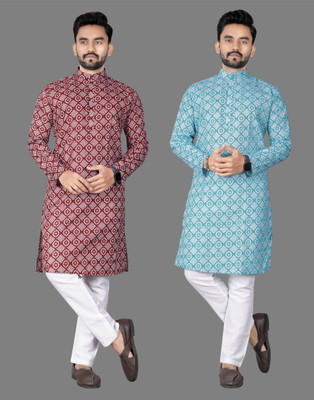 DHASU TRENDZ Men Printed Straight Kurta(Maroon, Light Blue)