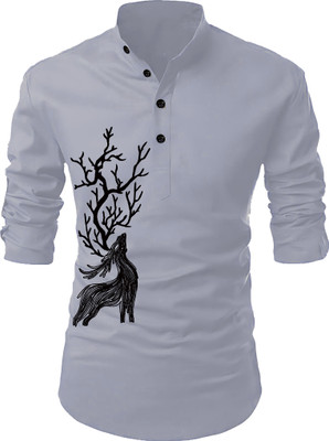 hfm Men Animal Print Straight Kurta(Grey)