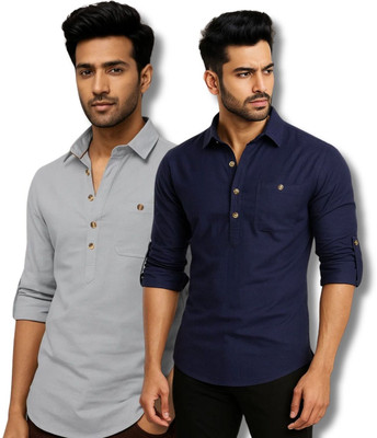 RAREMARK Men Solid Straight Kurta(Grey, Dark Blue)