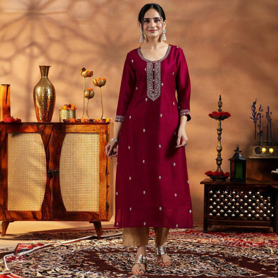 RARE THREAD Women Embroidered A-line Kurta(Maroon)