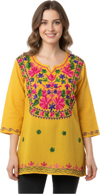 Braziliantunic Women Embroidered, Floral Print, Embellished Straight Kurta(Yellow)
