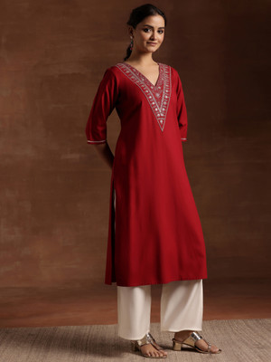 LIBAS Women Embroidered A-line Kurta(Maroon)