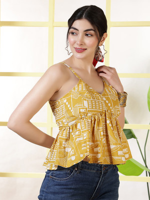 Nayo Women Printed Flared Kurta(Yellow)