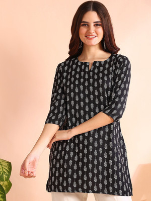 V And V Shop Women Floral Print A-line Kurta(Black)