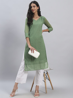 Umoly Women Chikan Embroidery Straight Kurta(Green)