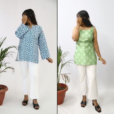 aanzri Women Printed, Geometric Print Tunic Kurta(Blue, White)