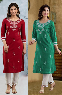 vikshi Women Embroidered Straight Kurta(Multicolor)
