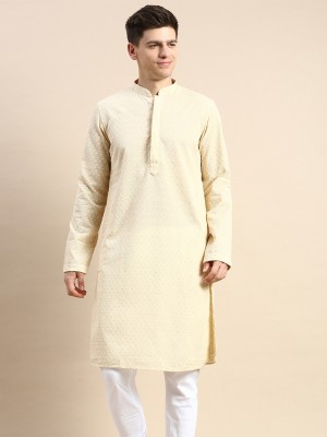 Sanwara Men Chikan Embroidery Straight Kurta(Beige)