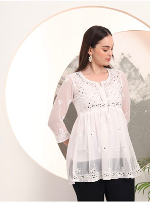 thechikanstudio Women Chikan Embroidery, Embellished Ethnic Dress Kurta(White)