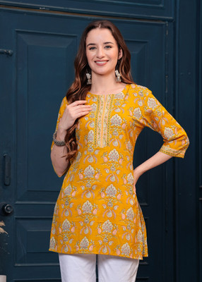 PIROKI Women Printed Straight Kurta(Yellow)