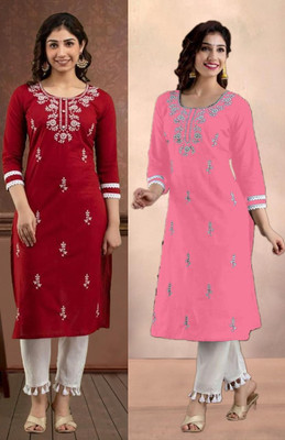 vikshi Women Embroidered Straight Kurta(Pink, Maroon)