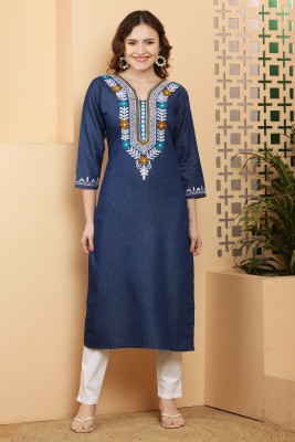 AD. Creation Women Embroidered A-line Kurta(Blue)