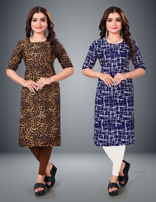 MOBHISA Women Printed Straight Kurta(Blue)
