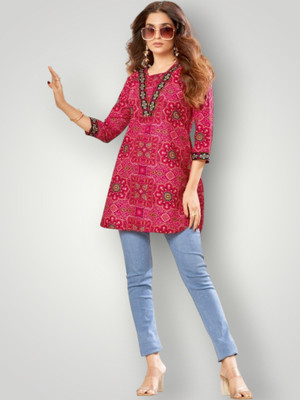 ABHI FAB Women Printed Straight Kurta(Pink)