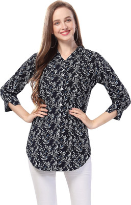 Anmi Blue Printed Polyester Crepe Short Tunic Top for Women Printed Women Straight Kurta(Black)