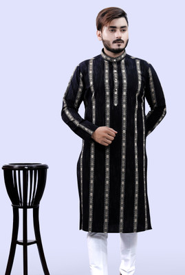 Tibra Collection Men Striped Straight Kurta(Black)