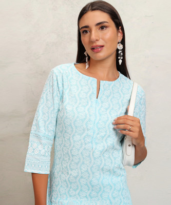 Vishudh Women Embroidered Straight Kurta(Blue)