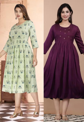 Rajoriya Women Solid Flared Kurta(Green, Purple)