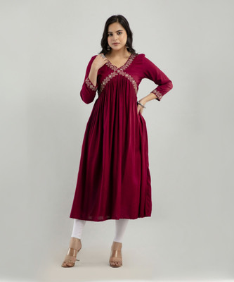 ftDiva Women Embroidered Flared Kurta(Maroon)