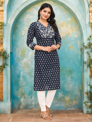 nesara Women Printed A-line Kurta(Blue)