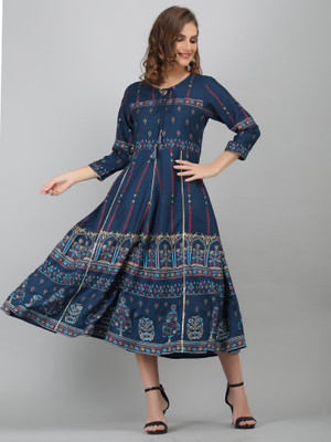 UMRAO FASHION Women Printed Flared Kurta(Blue)