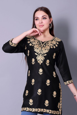 RUDRALIFESTAYLE Women Chikan Embroidery A-line Kurta(Black)
