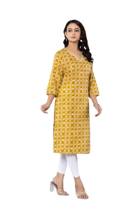 PickCell Women Printed Straight Kurta(Yellow)