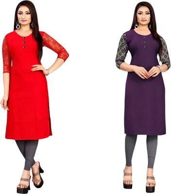 HOFC Women Solid Straight Kurta(Red, Purple)