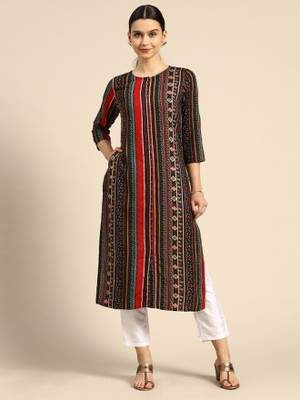 ANOUK Women Printed Straight Kurta(Black)
