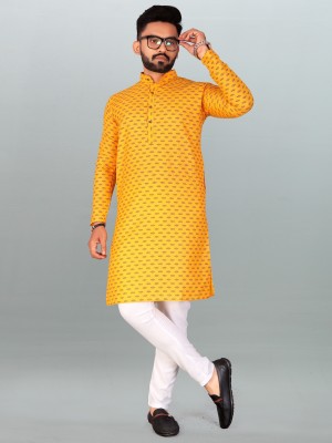 FRELURO Men Printed Straight Kurta(Yellow)