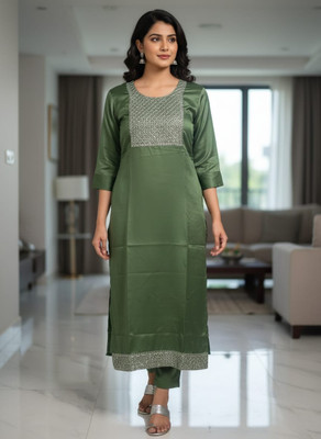 SHAS Women Embroidered Straight Kurta(Green)