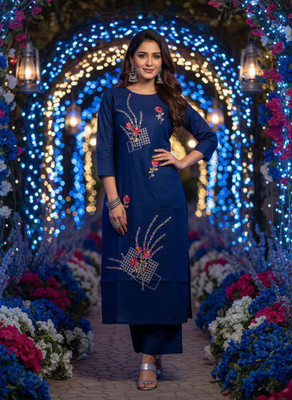 Fasion Women Embroidered, Floral Print, Geometric Print Ethnic Dress Kurta(Blue, Dark Blue)