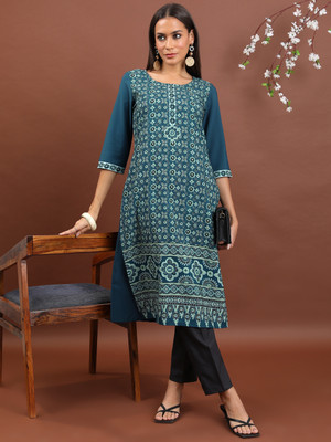 Vishudh Women Geometric Print Asymmetric Kurta(Dark Green)