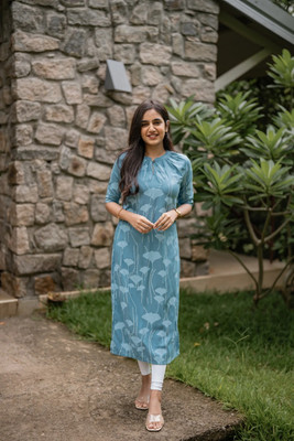 bindudi Women Printed A-line Kurta(Light Blue)