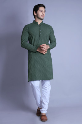 ALMORA Men Self Design A-line Kurta(Dark Green)