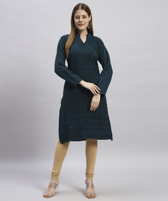 MYLES Women Solid Straight Kurta(Blue)